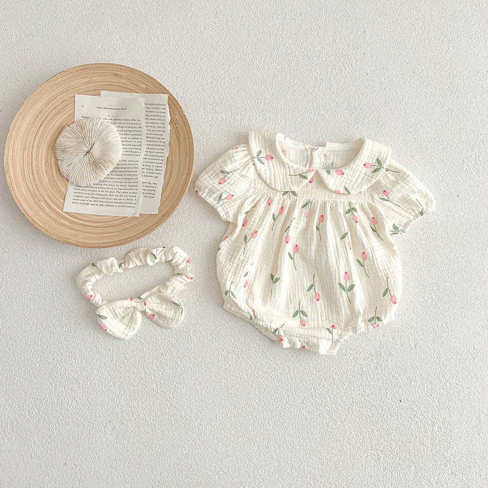 Floral Print Baby Girl Romper matching headband