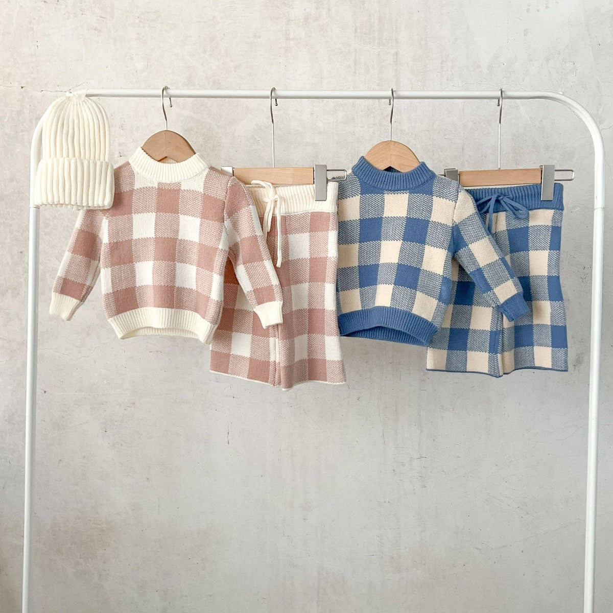 French Blue Gingham Knit Set: 6-12 m.