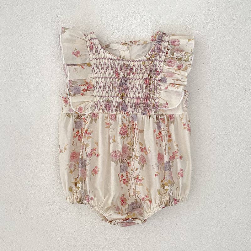 Floral Girls Romper Smocked Ruffle Sleeve