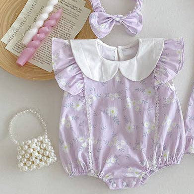 Purple Daisy Baby Girls Romper and Short Sleeve Dress Match Headband