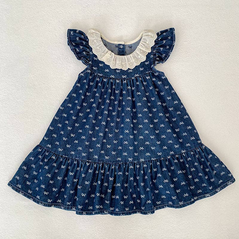Denim Bow Print Girls Dress Ruffle Sleeve Eyelet Collar-Dark Blue/Light Blue: Light Blue / 5