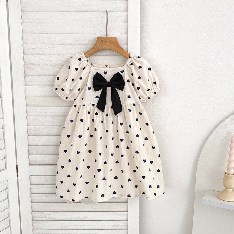 Heart Print Bow Puff Sleeve Girls Dress/Romper: 24M / Romper