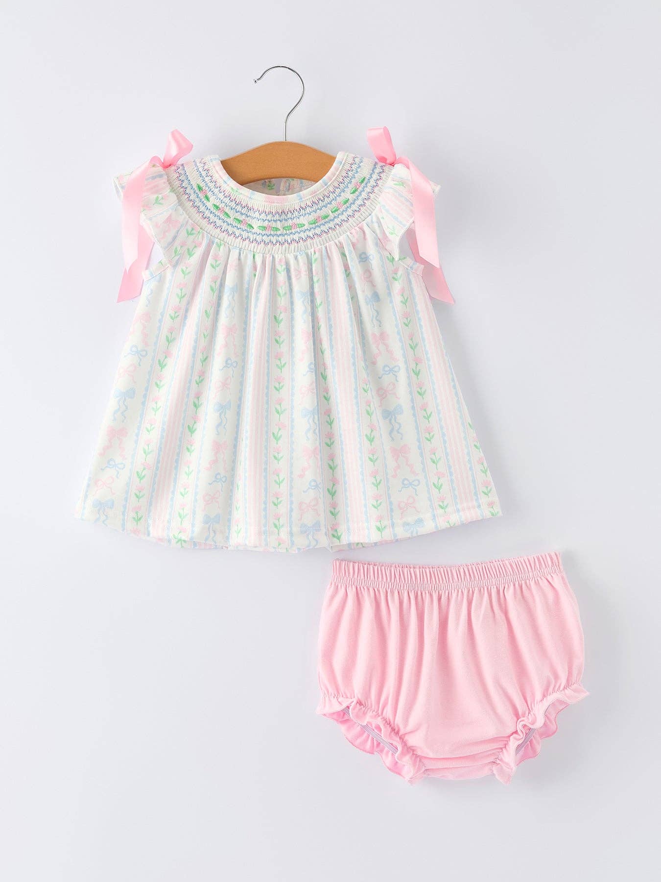 Girl Bow Stripe Smocked Baby Girls Bloomer Set