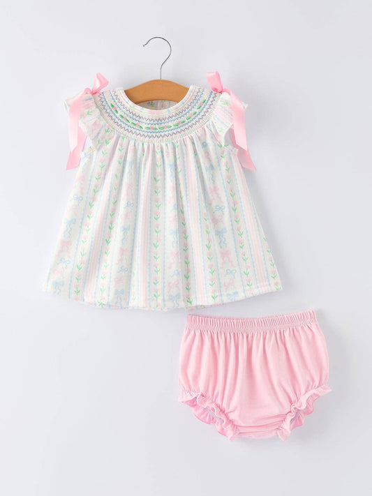 Girl Bow Stripe Smocked Baby Girls Bloomer Set