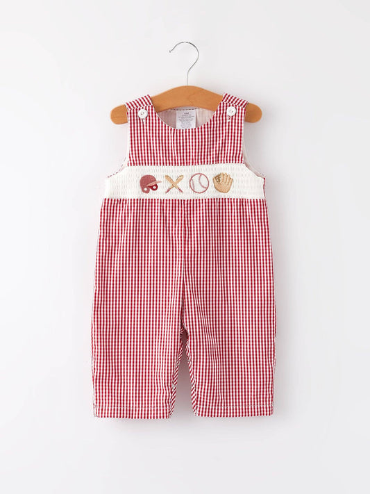 Baseball Baby Boys Smocked Embroidered Plaid Romper
