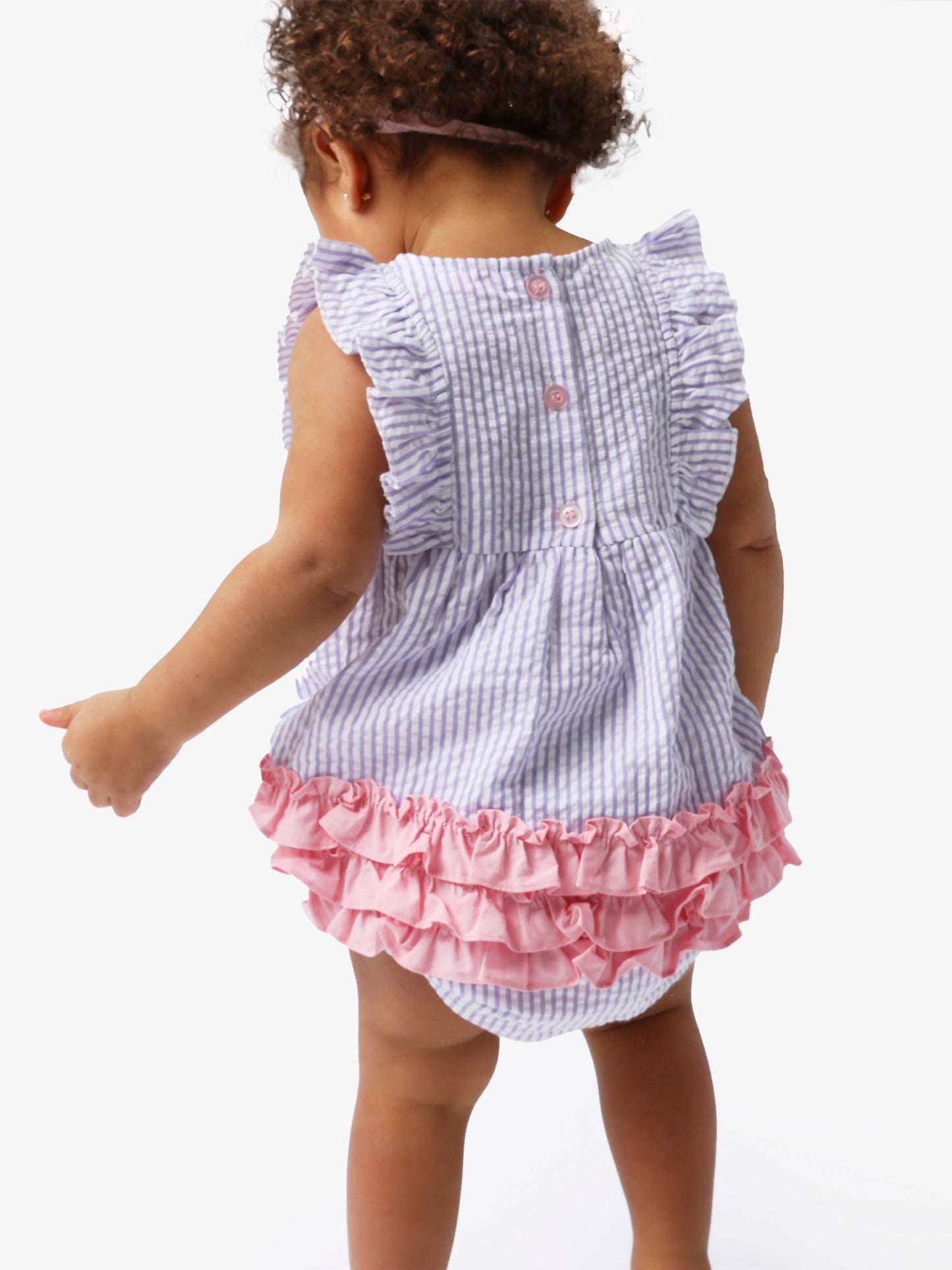 Baby Girls Wisteria Purple Signature Seersucker Classic Ruffle Bubble Romper