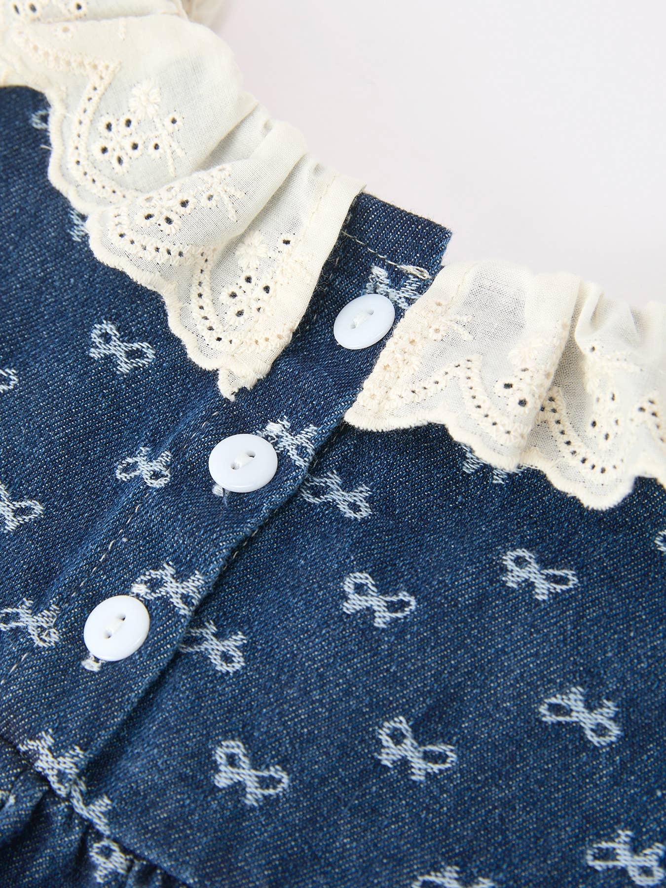 Denim Bow Print Girls Dress Ruffle Sleeve Eyelet Collar-Dark Blue/Light Blue: Light Blue / 5