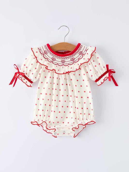 Valentine's Day Polka Dot Baby Girls Romper with Smocking Embroidery