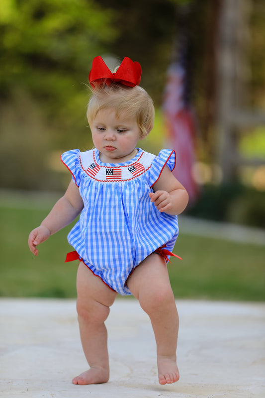 4th of july Flag Embroidery Smocked Girls Romper