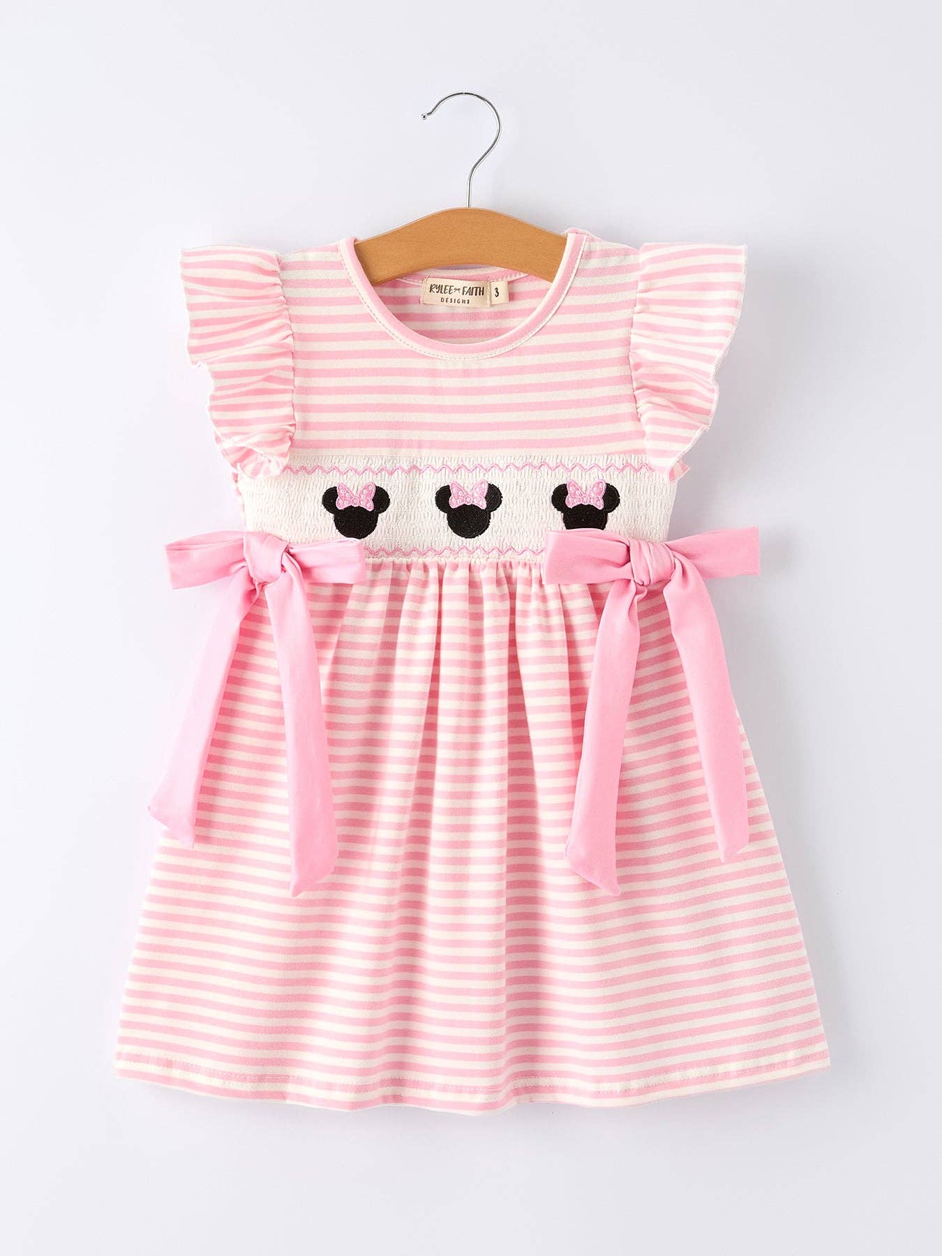 Stripe Girls Dress Bow Smocked Ruffle Sleeve