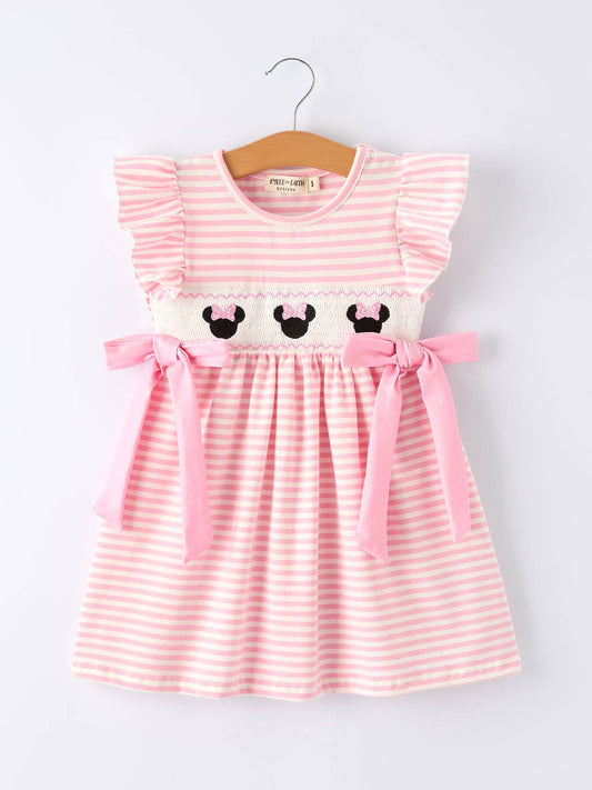 Stripe Girls Dress Bow Smocked Ruffle Sleeve