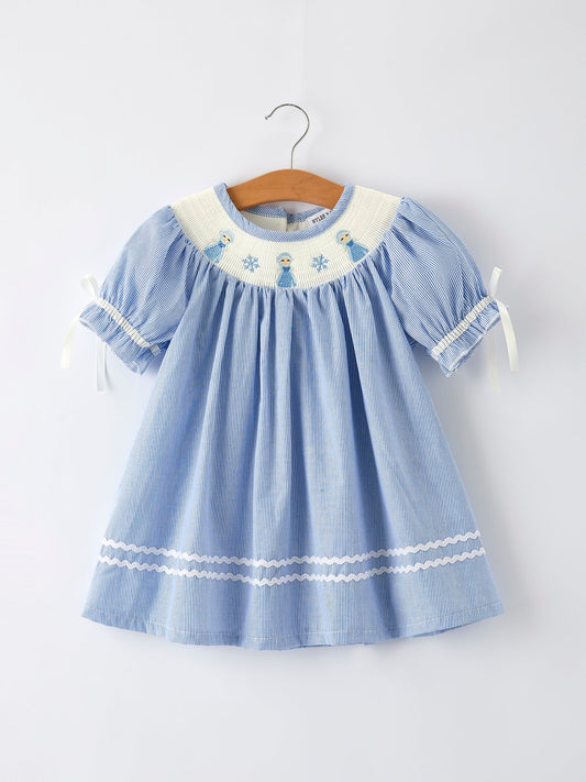 Girls Dress – Blue Striped Smocked Outfit with Short Sleeves