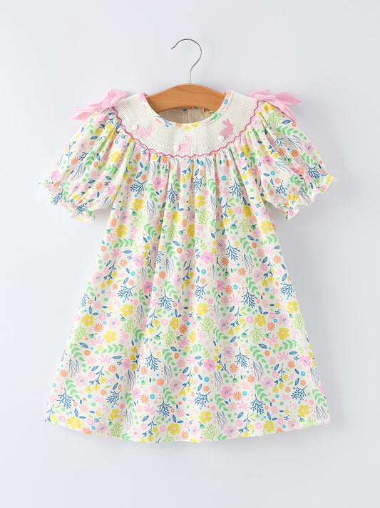 Easter Bunny Embroidered Pom-Pom Short-Sleeved  Girls Dress
