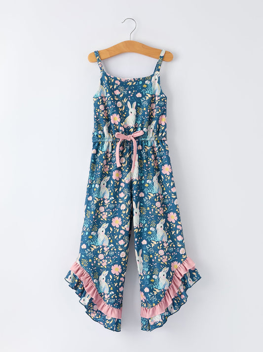 Summer Bunny Floral Girls Bow Ruffle Bell Bottom Jumpsuit