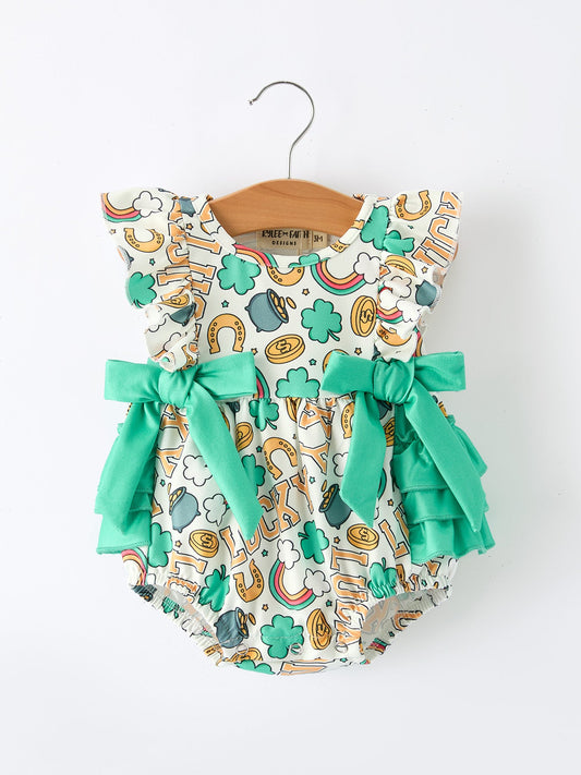 St Patrick's Day Shamrock Bow Baby Girl Romper