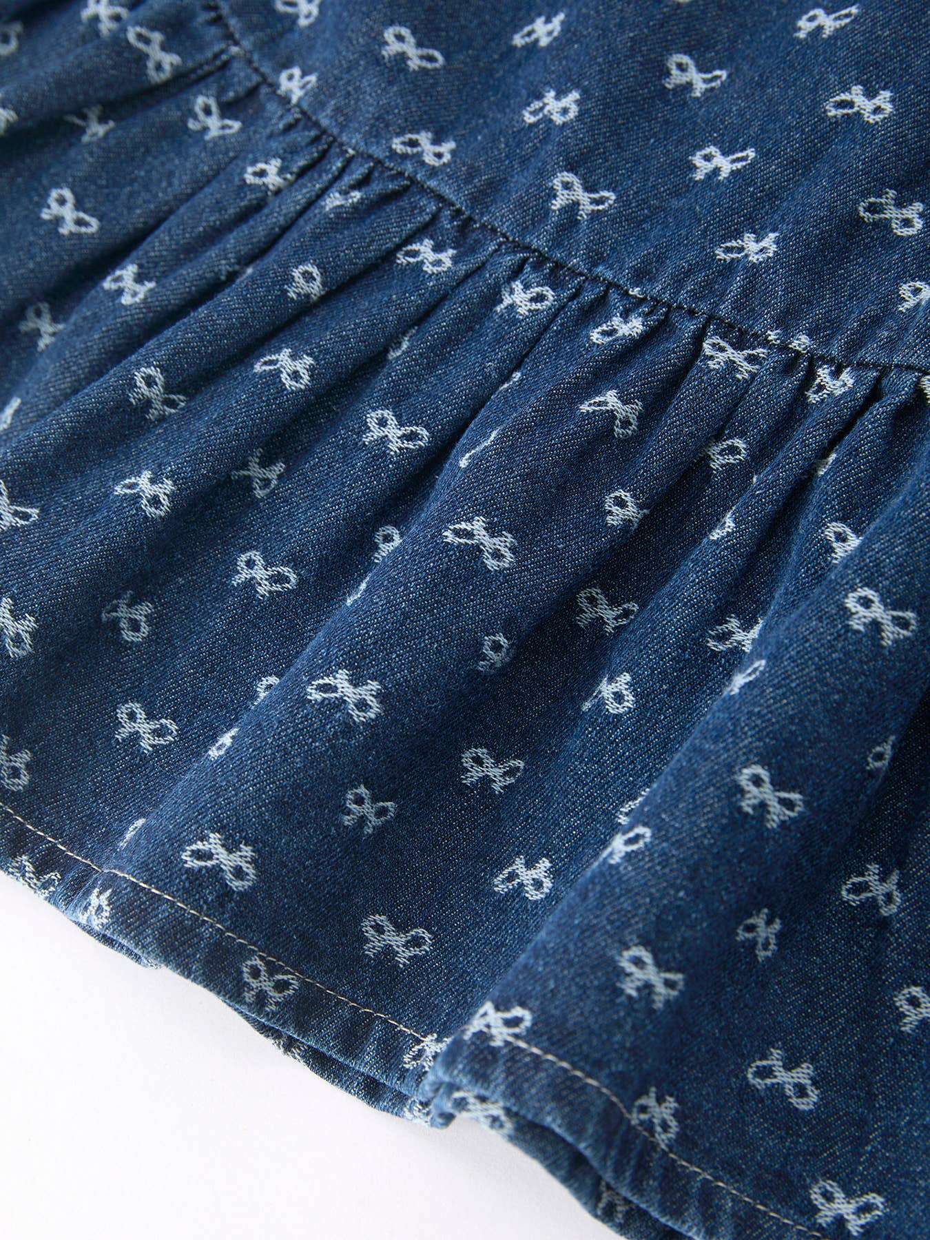 Denim Bow Print Girls Dress Ruffle Sleeve Eyelet Collar-Dark Blue/Light Blue: Light Blue / 4