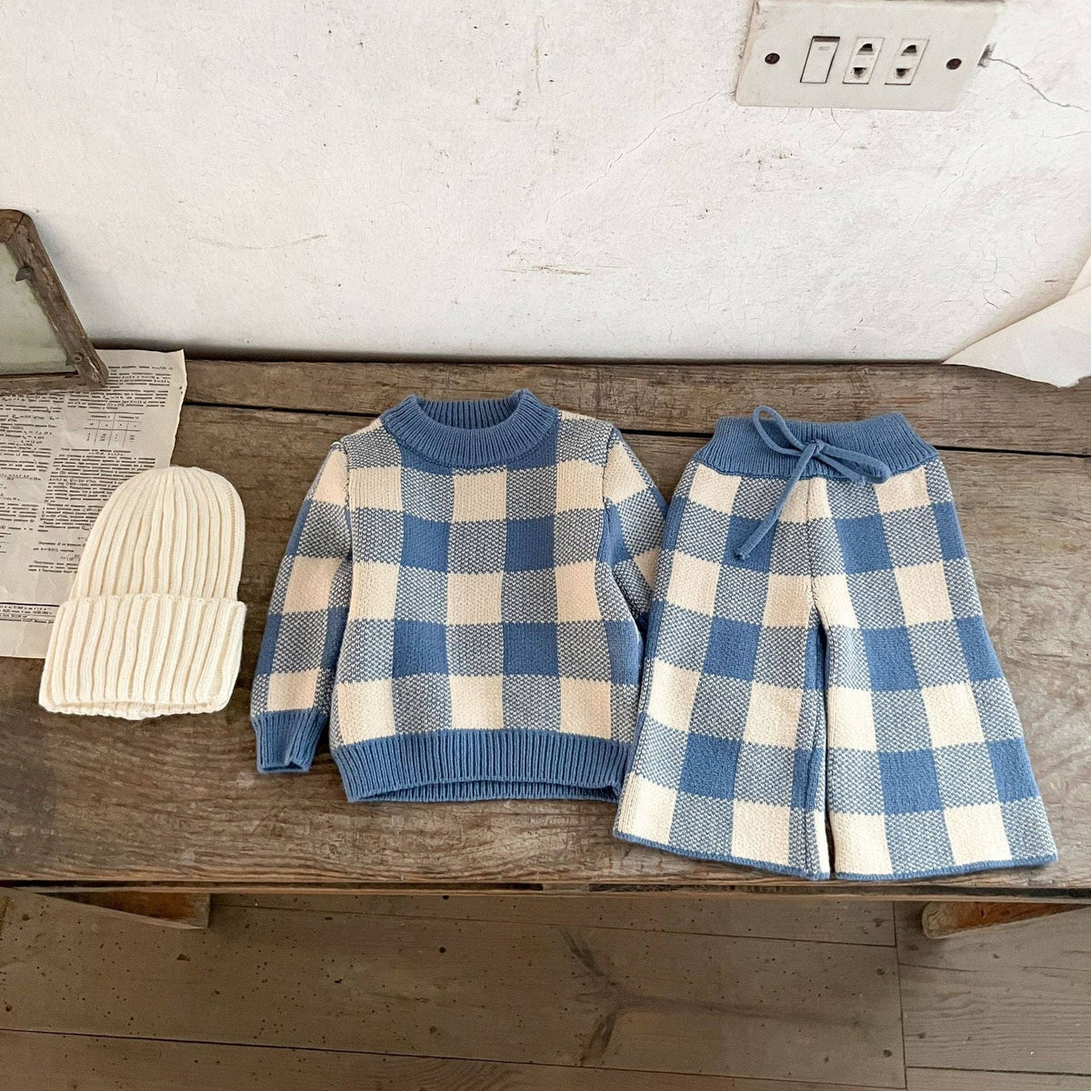 French Blue Gingham Knit Set: 6-12 m.