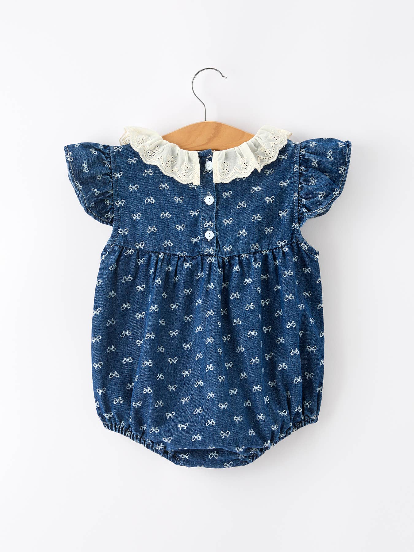 Denim Bow Print Girls Romper Ruffle Sleeve Eyelet Collar: Light Blue / 24M