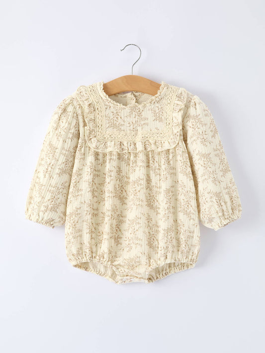 Vintage Khaki Floral Outfit Long Sleeve Romper