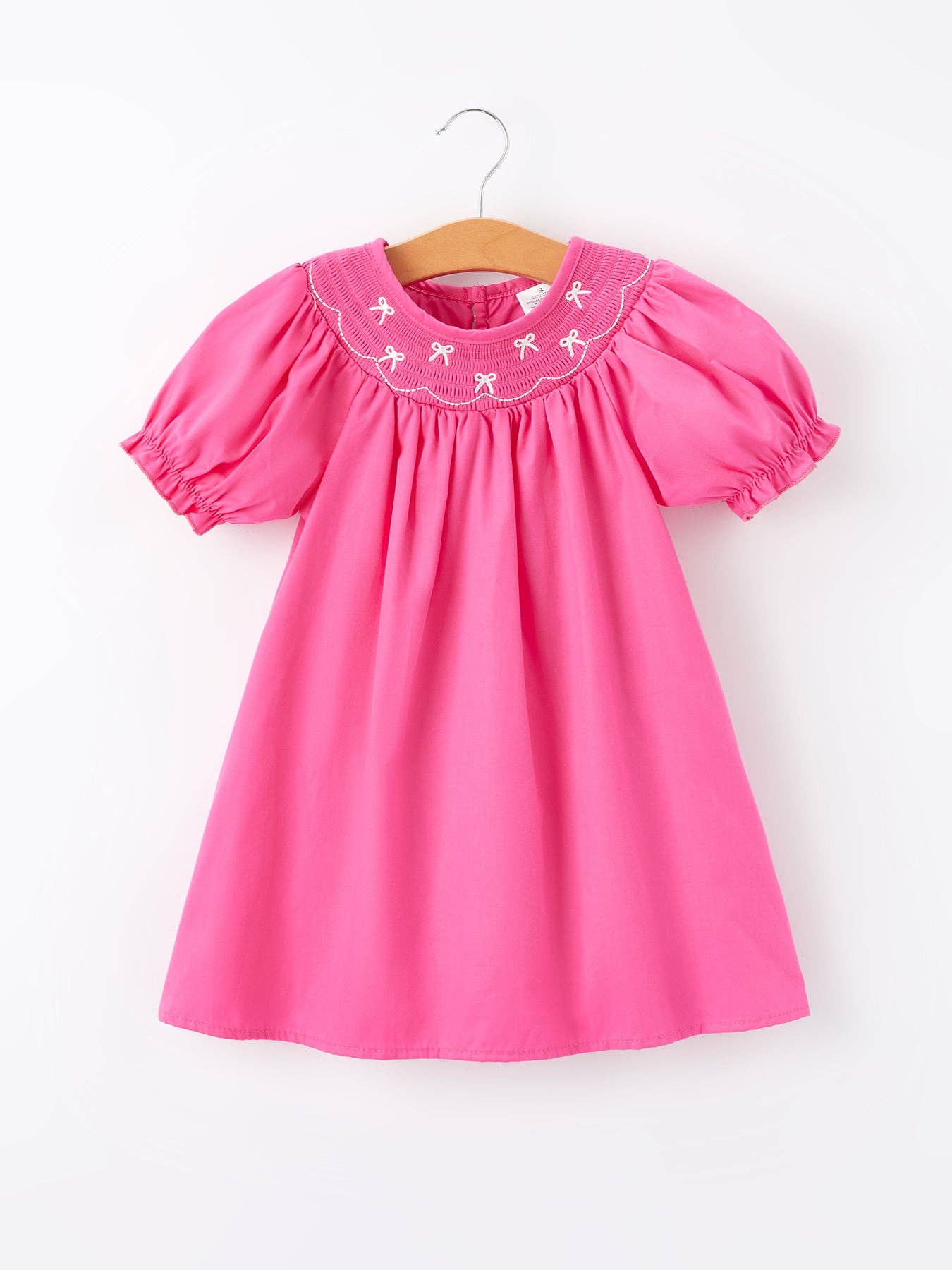 Girls Bow Smocked Embroidery Hot Pink Dress