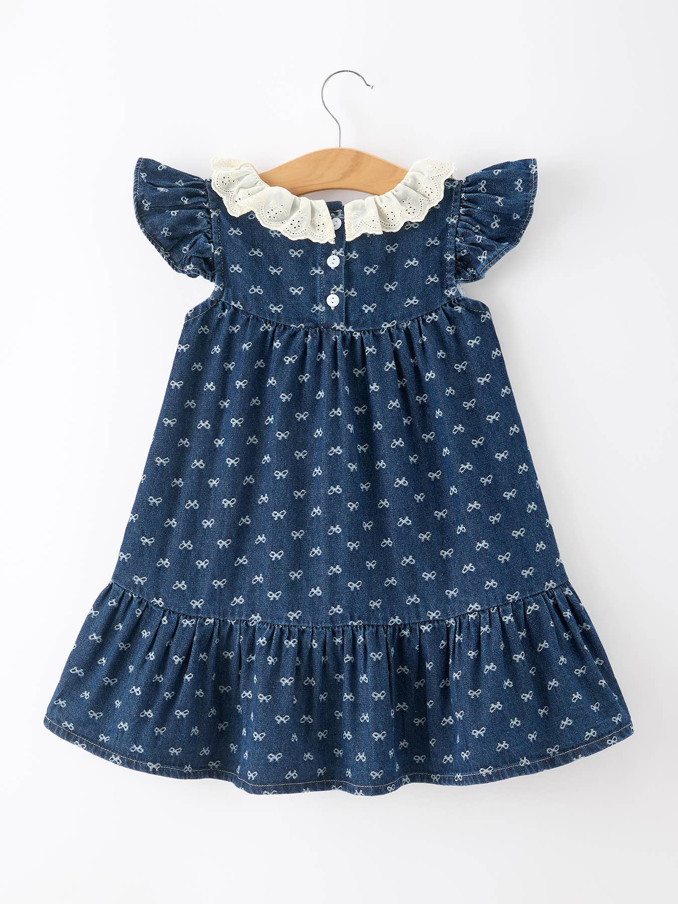 Denim Bow Print Girls Dress Ruffle Sleeve Eyelet Collar-Dark Blue/Light Blue: Light Blue / 4