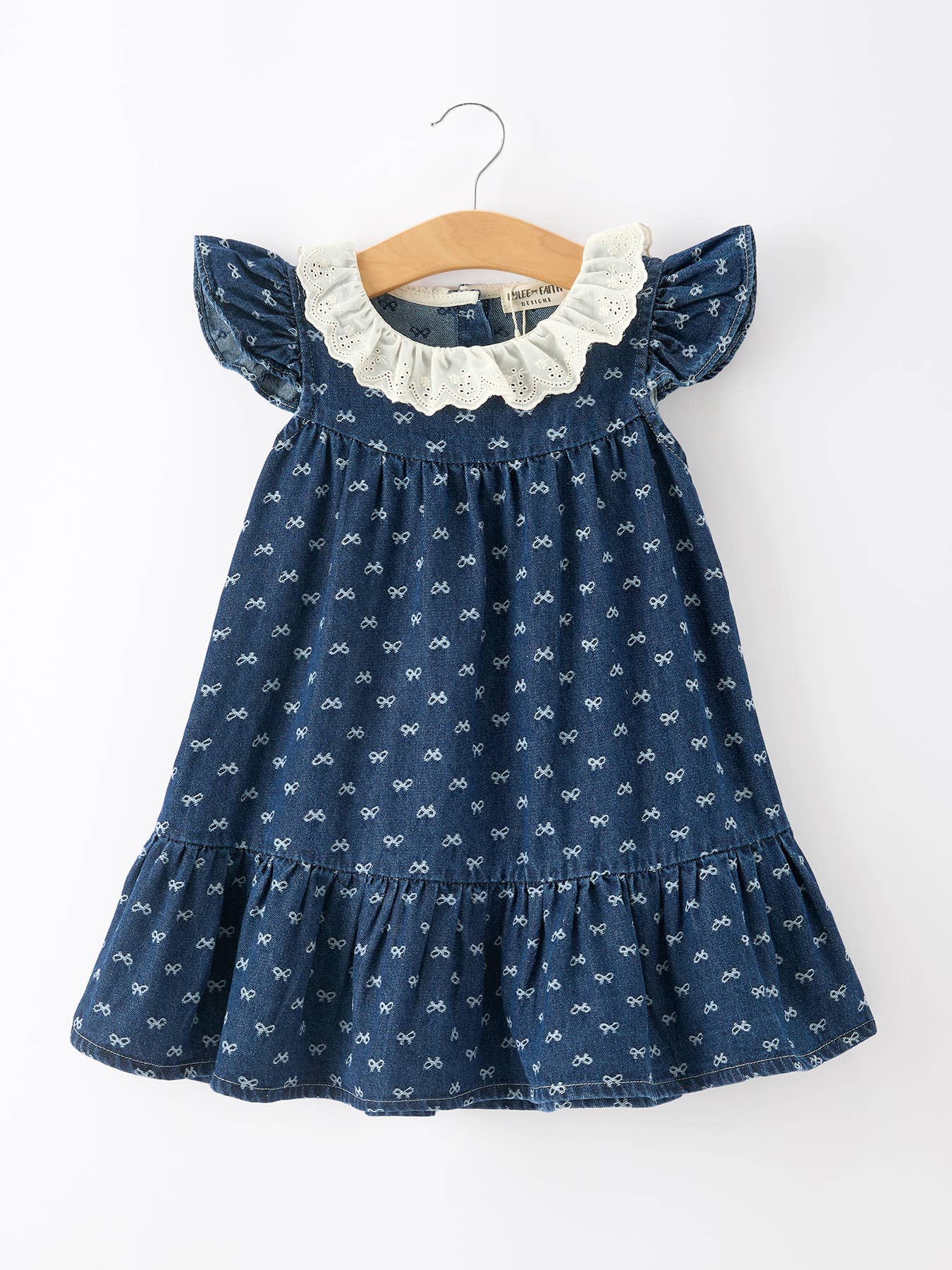 Denim Bow Print Girls Dress Ruffle Sleeve Eyelet Collar-Dark Blue/Light Blue: Light Blue / 4
