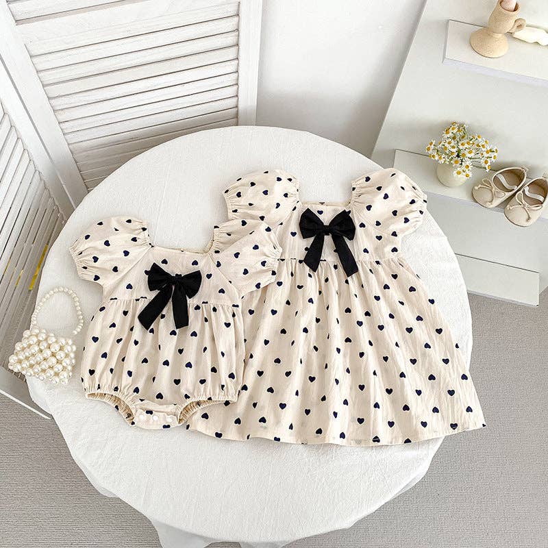 Heart Print Bow Puff Sleeve Girls Dress/Romper: 12M / Romper