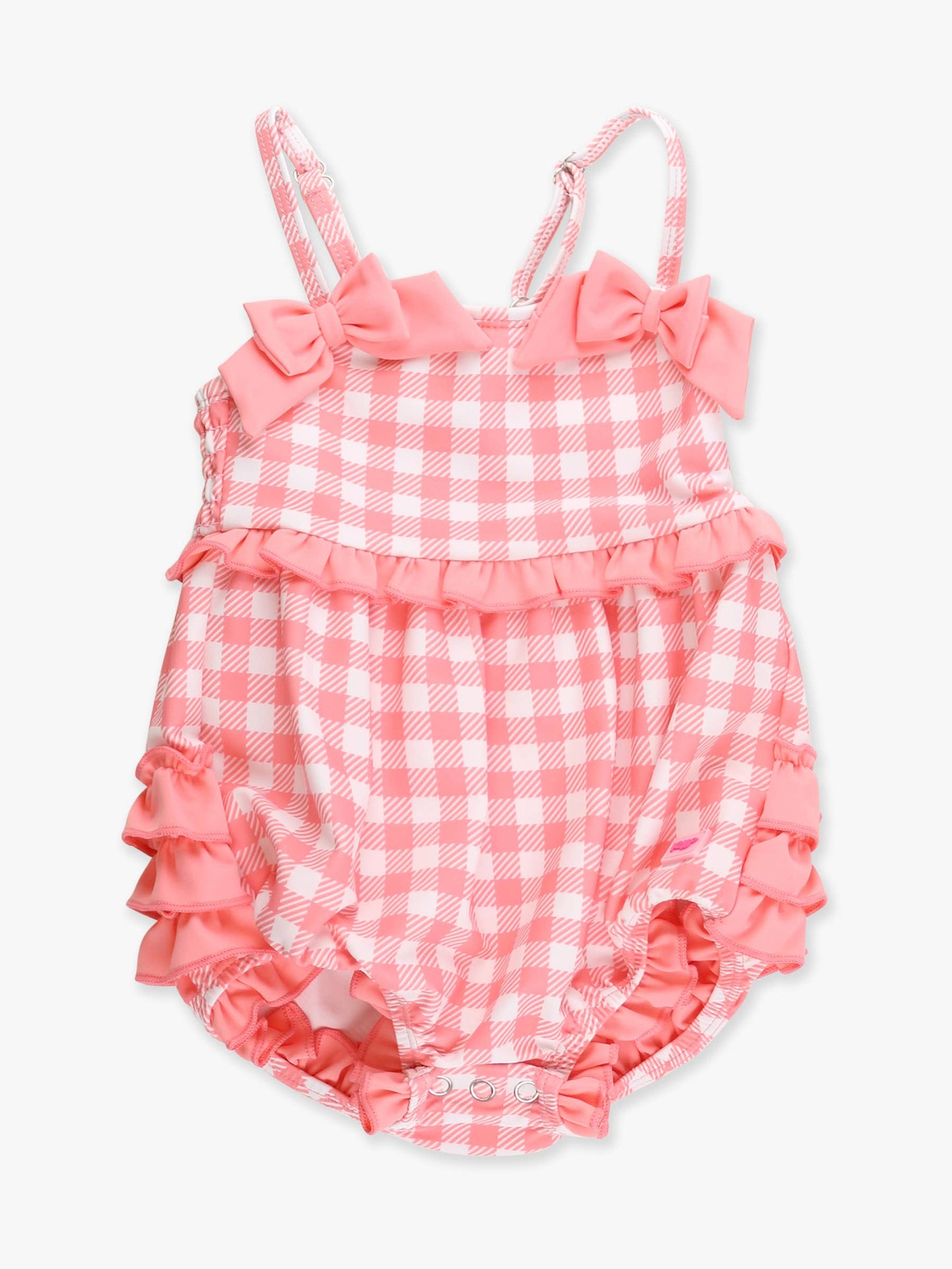 Baby Girls Bubblegum Gingham One Piece Bow Bubble Romper Swimsuit with Signature Rear Ruffles