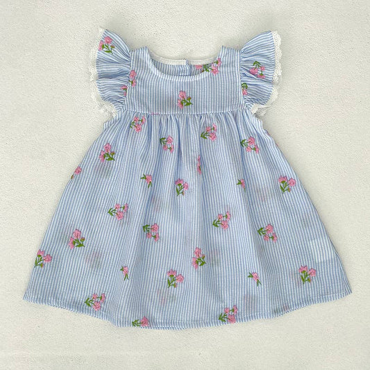 Stripe Floral Embroidery Girls Dress Ruffle Sleeve