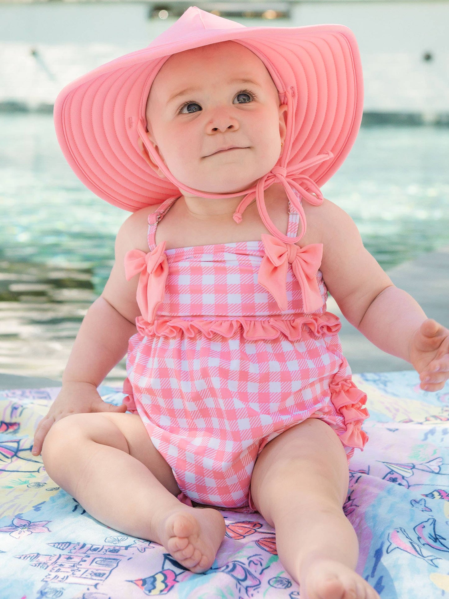 Baby Girls Bubblegum Gingham One Piece Bow Bubble Romper Swimsuit with Signature Rear Ruffles