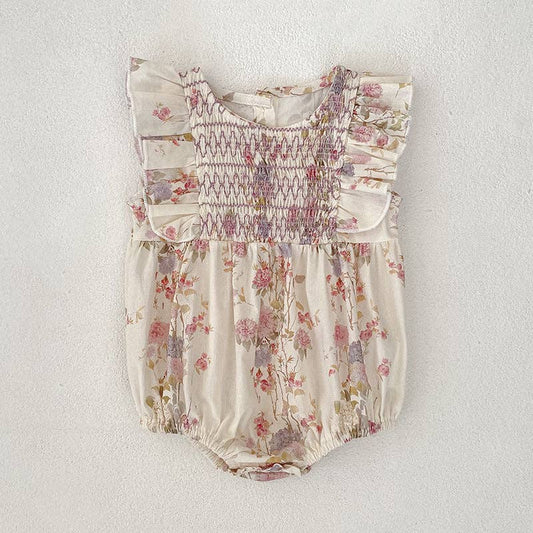 Floral Girls Romper Smocked Ruffle Sleeve