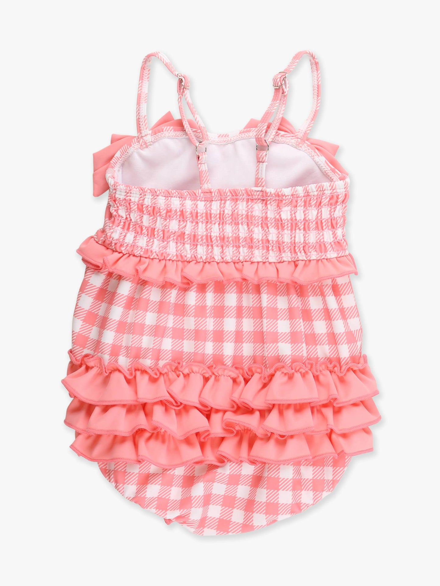 Baby Girls Bubblegum Gingham One Piece Bow Bubble Romper Swimsuit with Signature Rear Ruffles