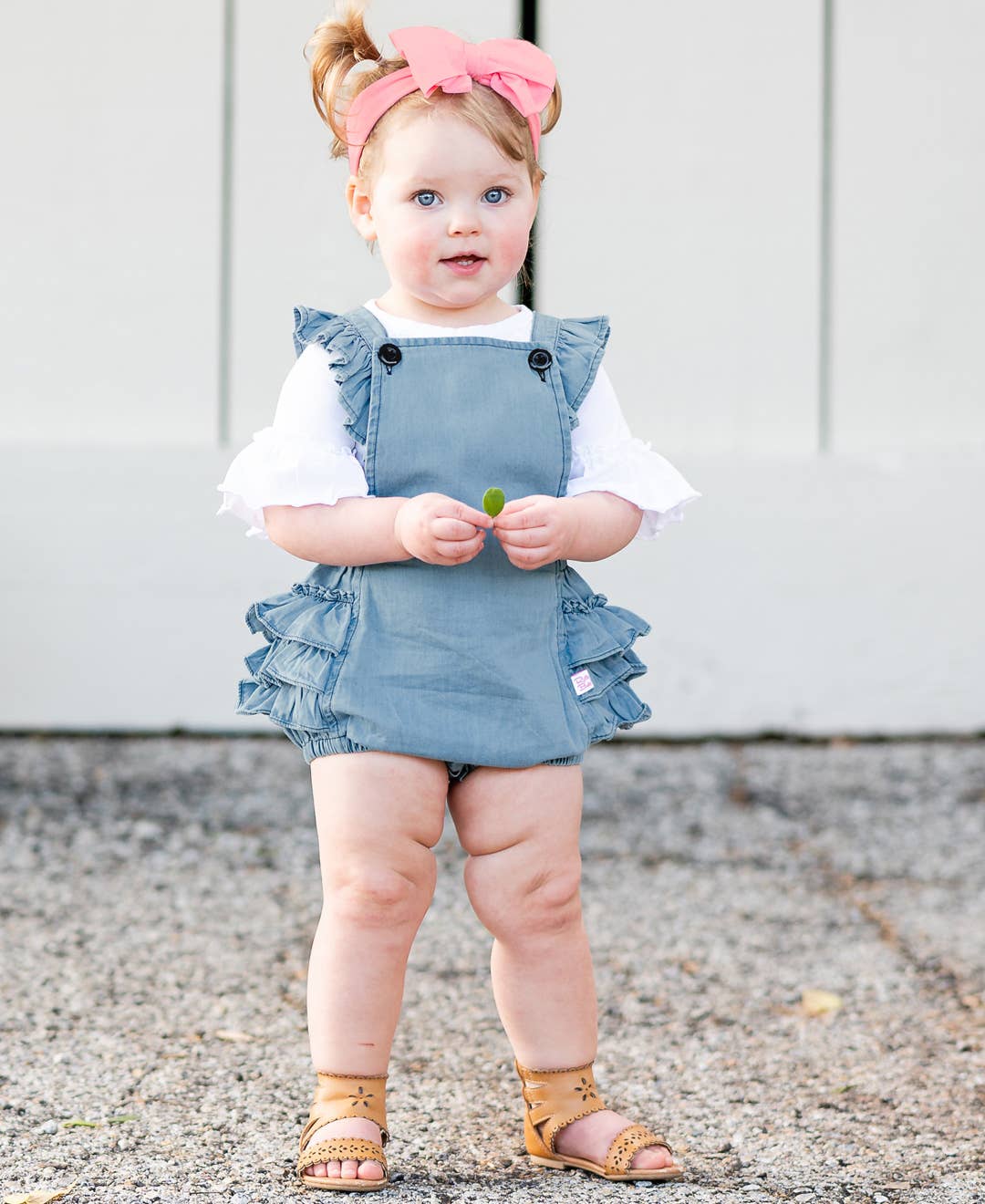 Baby Girls Light Wash Denim Woven Flutter Overall Romper