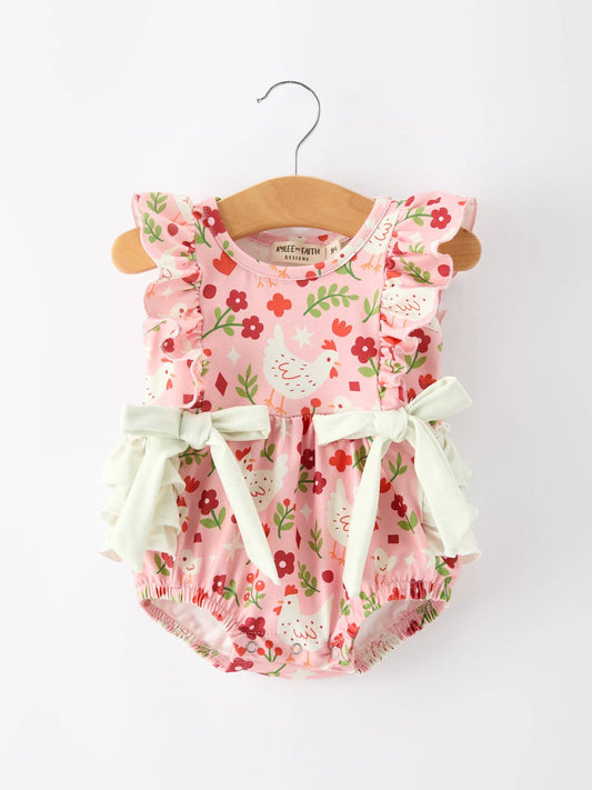 Spring Chicken Floral Girls Romper Bow Ruffle Strap Bubble