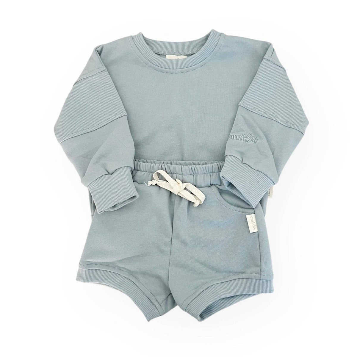 Crewneck Ribbed Block Sweatshirt & Short Set | Baby Blue
