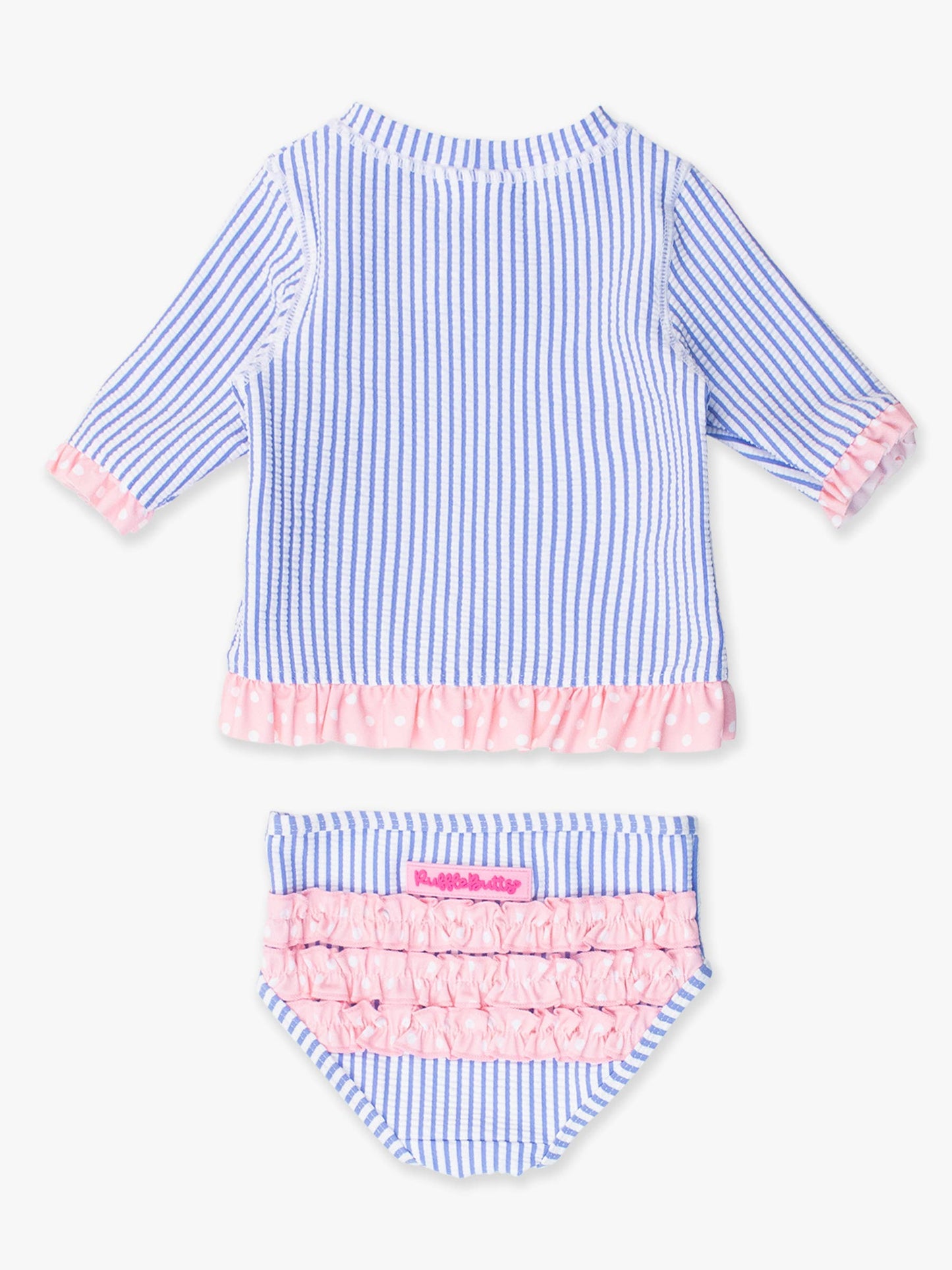 Girls Periwinkle Blue Seersucker Short Sleeve Ruffle Rash Guard 2-Piece Swimsuit with Signature Rear Ruffles