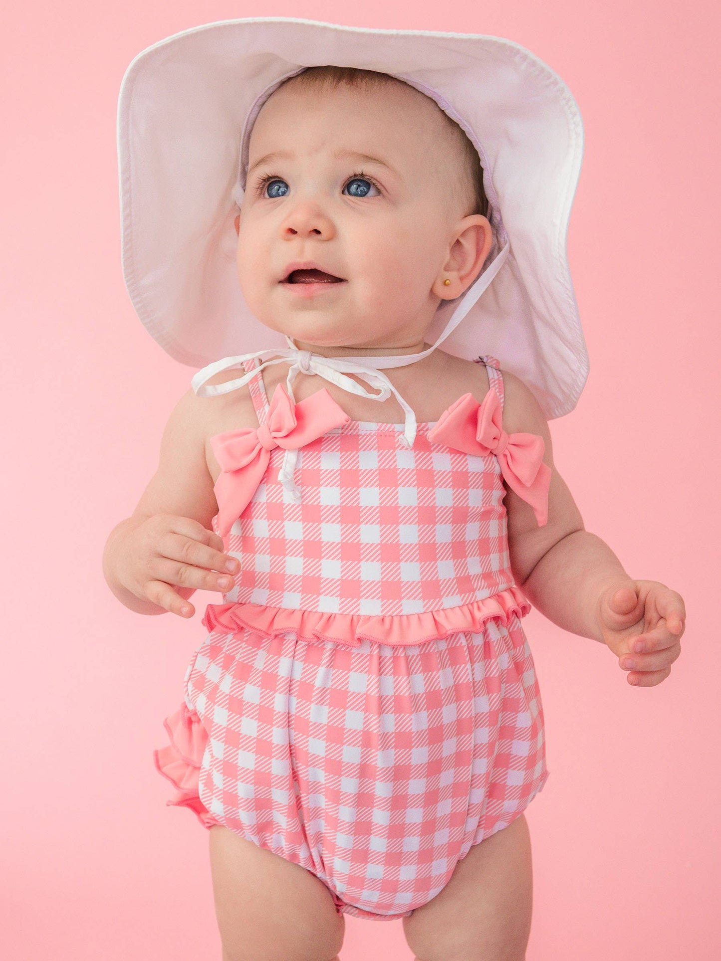 Baby Girls Bubblegum Gingham One Piece Bow Bubble Romper Swimsuit with Signature Rear Ruffles