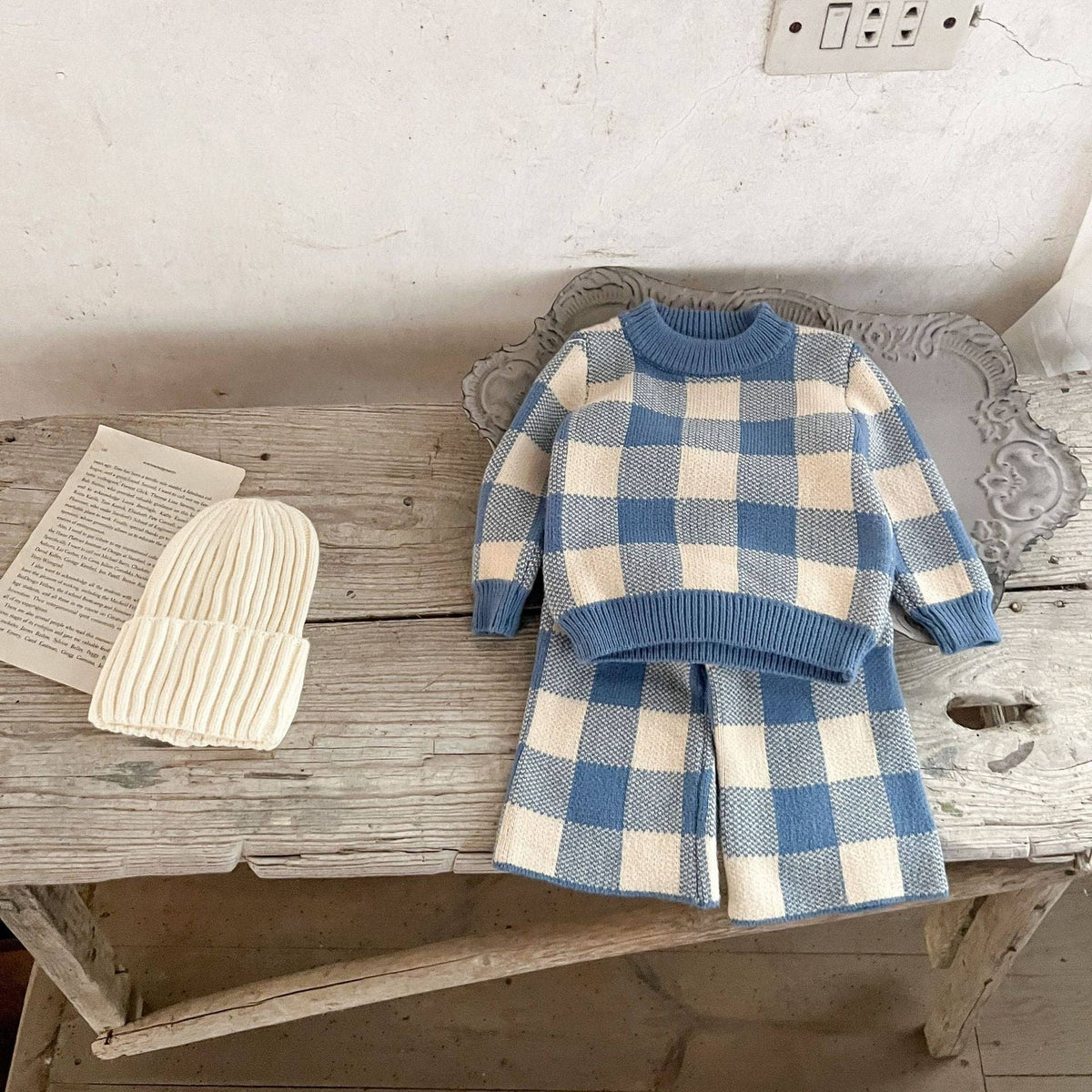 French Blue Gingham Knit Set: 6-12 m.