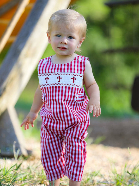 Red Plaid Smocked Christening Baby Boys' Romper