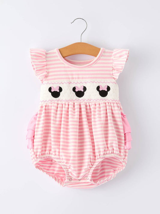 Stripe Girls Romper Bow Smocked Ruffle Sleeve