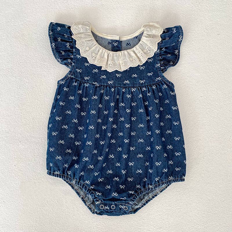 Denim Bow Print Girls Romper Ruffle Sleeve Eyelet Collar: Light Blue / 6M