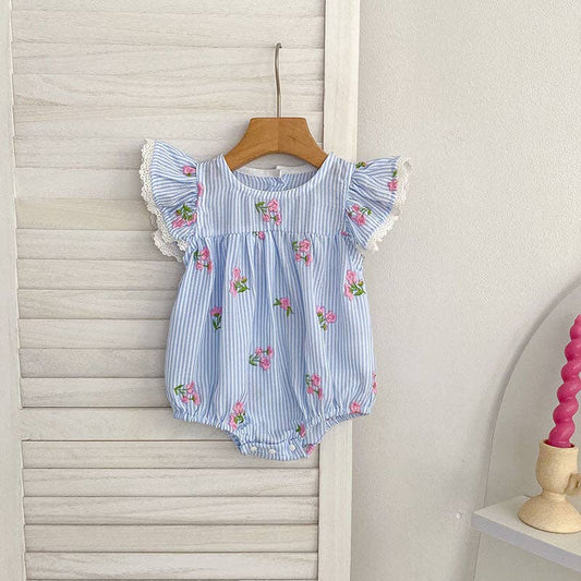 Stripe Floral Embroidery Girls Romper Ruffle Sleeve
