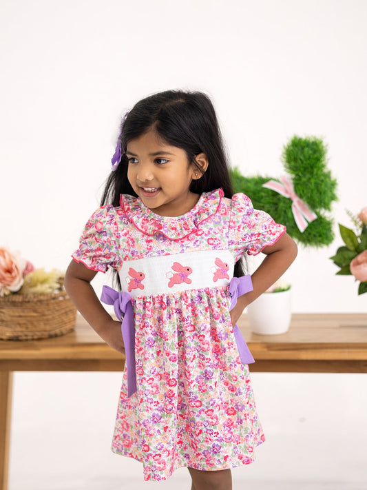 Easter Colorful Floral Bunny Embroidery Bow Ruffle Girl Dress