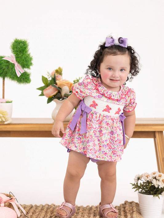 Easter Colorful Floral Bunny Embroidery Bow Ruffle Girl Bloomer Set