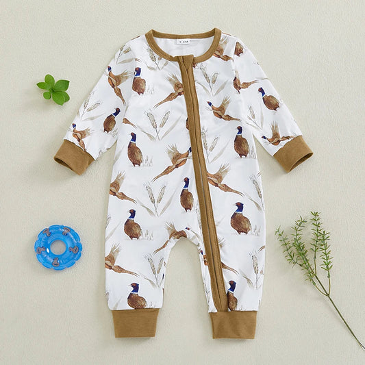 Baby Romper - Duck and Wheat Pattern, Zipper, Long Sleeve Crew Neck Jumpsuit