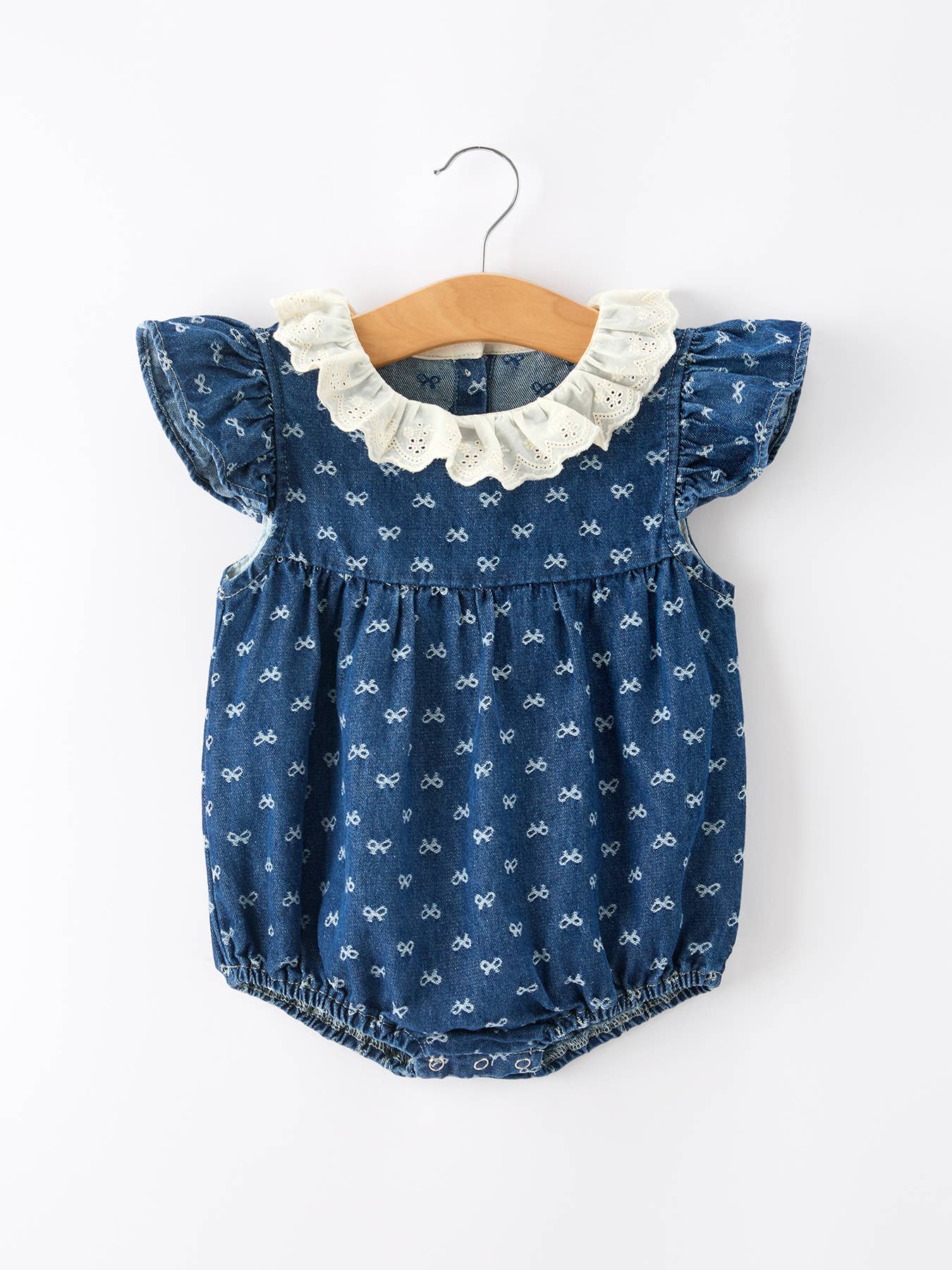 Denim Bow Print Girls Romper Ruffle Sleeve Eyelet Collar: Light Blue / 24M