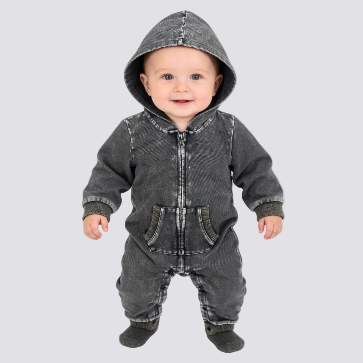 Kapital K Baby Black Mineral Wash Hooded Fleece Romper