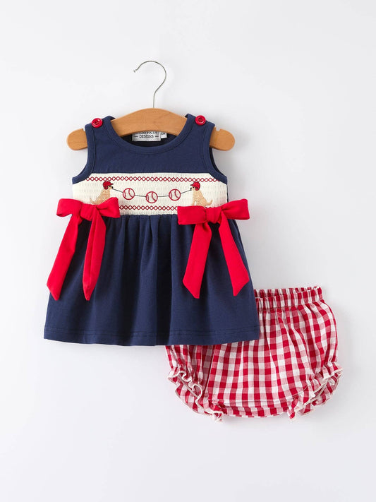 Baby Girls Bloomers Romper Set – Dog Baseball Smocked Embroidery Outfit