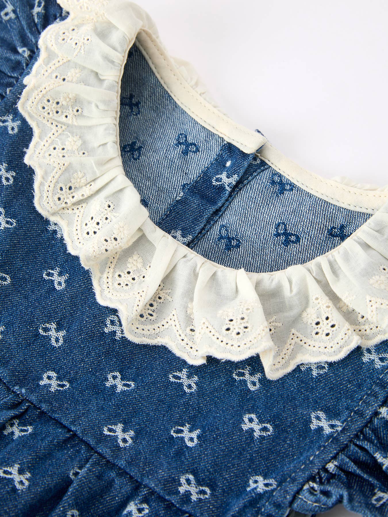 Denim Bow Print Girls Romper Ruffle Sleeve Eyelet Collar: Light Blue / 24M
