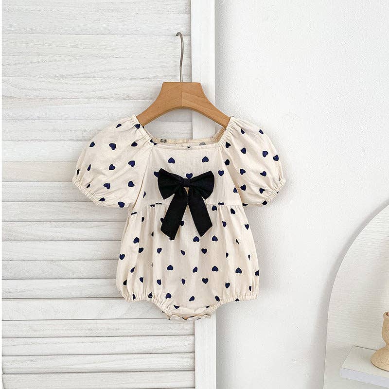 Heart Print Bow Puff Sleeve Girls Dress/Romper: 6M / Romper